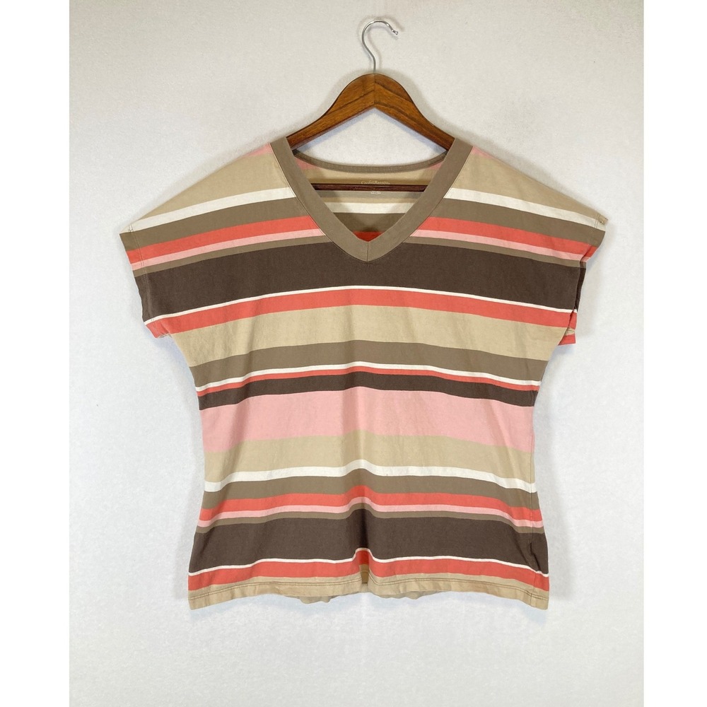 Preppy Croft & Barrow Womens XL Brown Pink Striped V-Neck Button Shoulder Tee